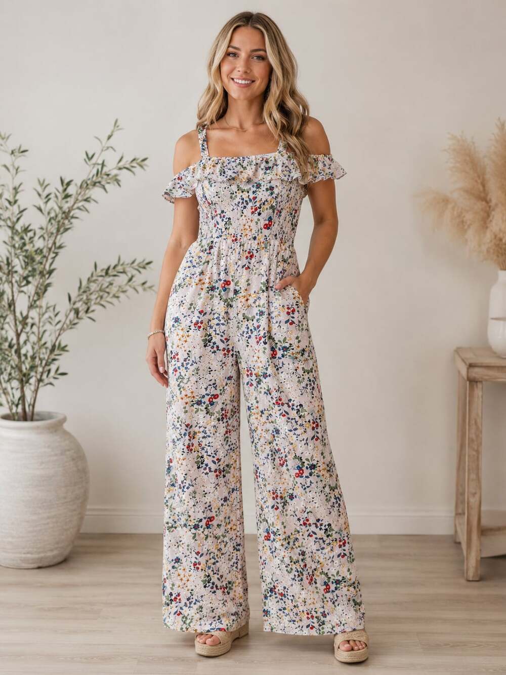 Glamorous Floral Off Shoulder Smocked Wide Leg Jumpsuit Pink Size 14